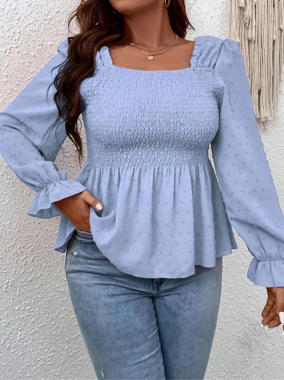 SHEIN Light Blue Smocked Square-Neck Peplum Blouse